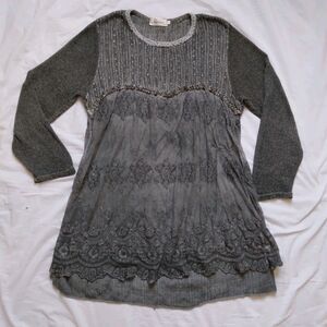 Simply Couture Top Tunic Gray Long Sleeve Lagenlook Shabby Cottage Womens 2XL
